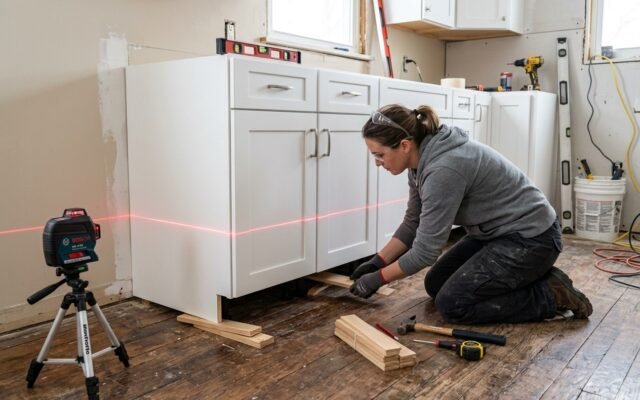 How to Level Kitchen Base Cabinets on an Uneven Floor (The Laser Method)